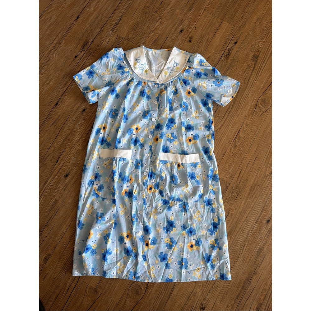 Unbranded Vintage Handmade Nightgown Robe Blue Floral Long Short Sleeve Pockets